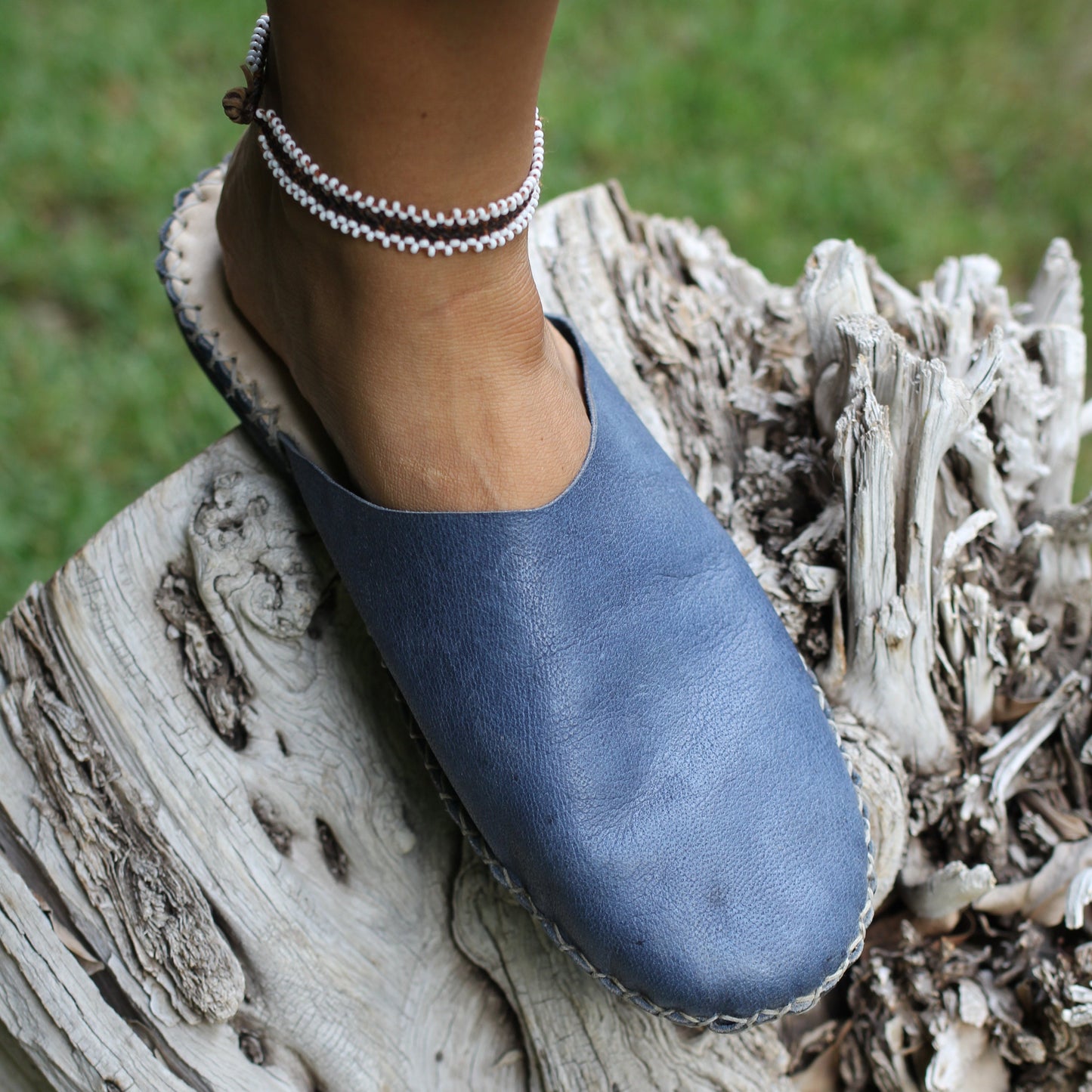 Leather Slippers Classic Bulga Blue Flat Handmade Camel Leather Hand-stitched
