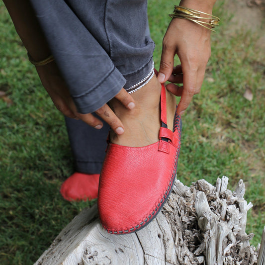 Classic Sandals Bulga Red flats handmade hand-stitched camel leather footwear barefoot birenstock alternative made in Egypt