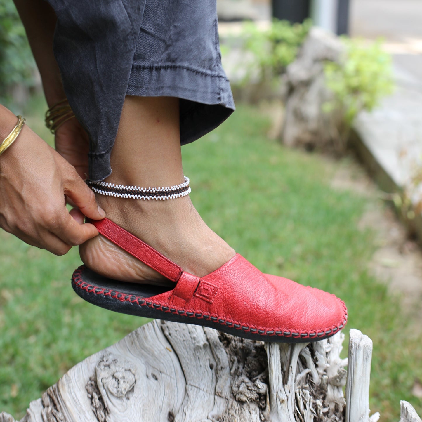 Classic Sandals Bulga Red flats handmade hand-stitched camel leather footwear barefoot birenstock alternative made in Egypt