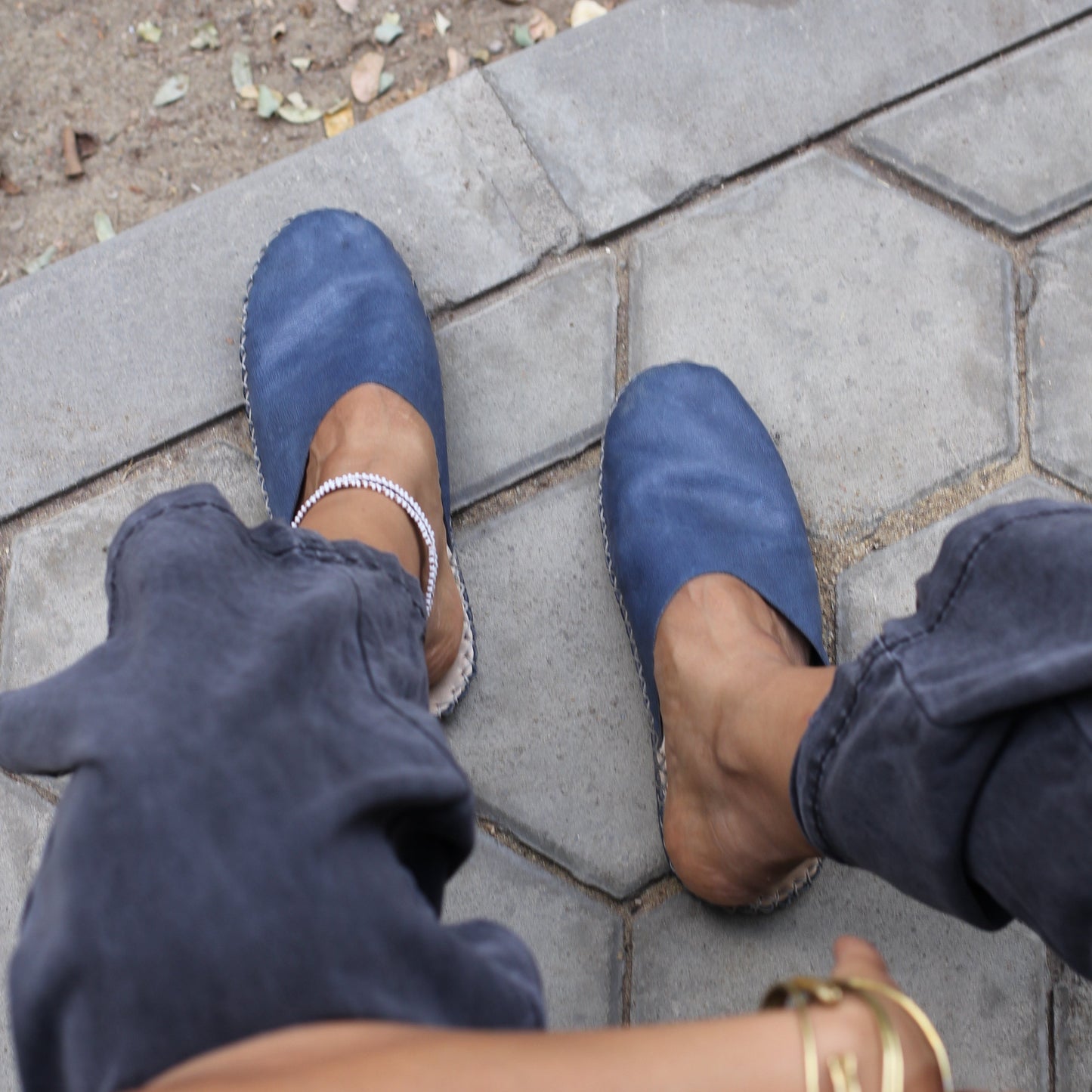 Leather slippers blue bulga made in Egypt Handmade Hand-stitched Flats