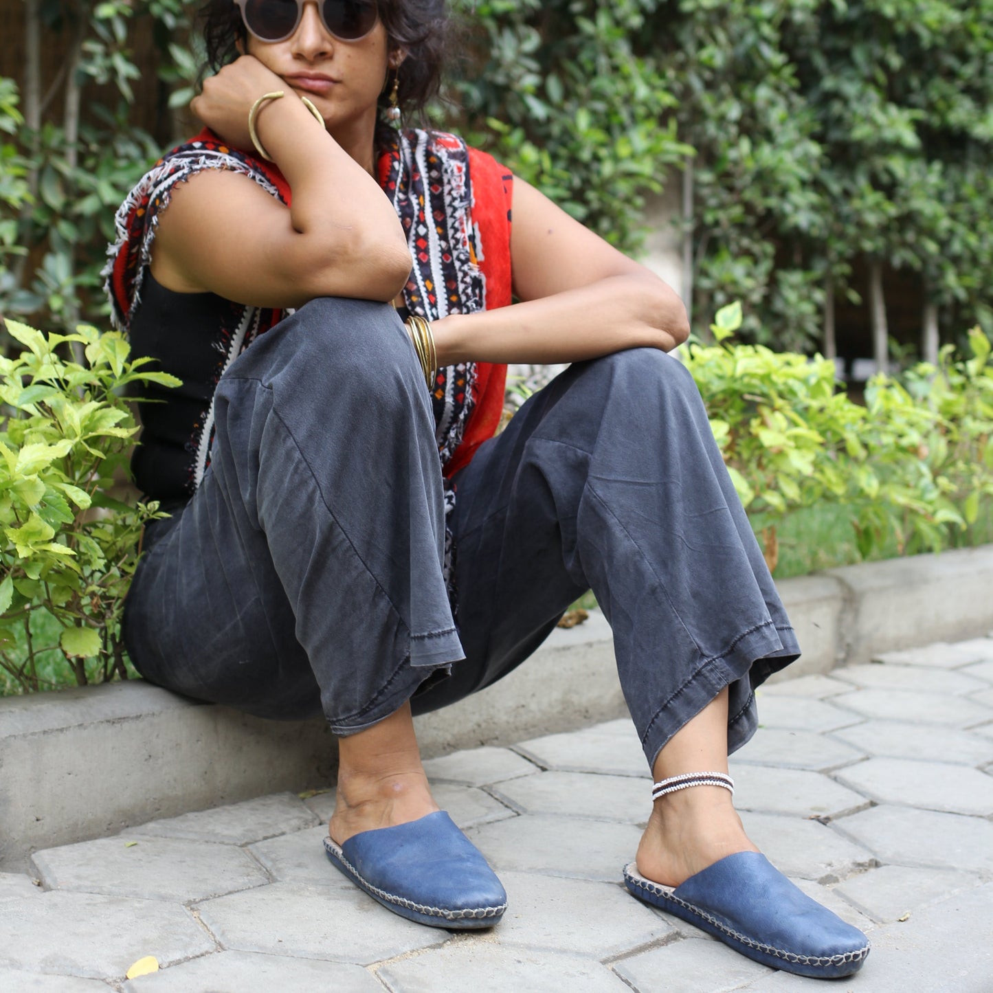 Classic Bulga Blue Leather handmade Hand-stitched Flats Footwear Made in Egypt